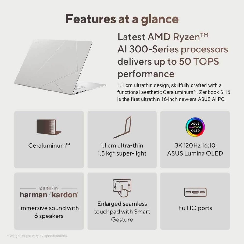  ASUS Zenbook S 16 OLED AI Laptop UM5606WA-RK233W AMD Ryzen AI R9-HX370 32GB RAM 2TB SSD AMD Radeon 890M Graphics 16" 3K Win 11 Home with Copilot Key - Scandinavian White photo 3