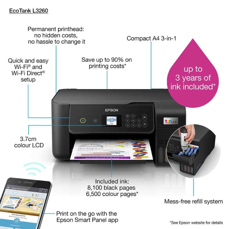 EPSON EcoTank L3260 Home ink tank printer A4, colour, 3-in-1 printer with WiFi and Smart Panel App - Black photo 2